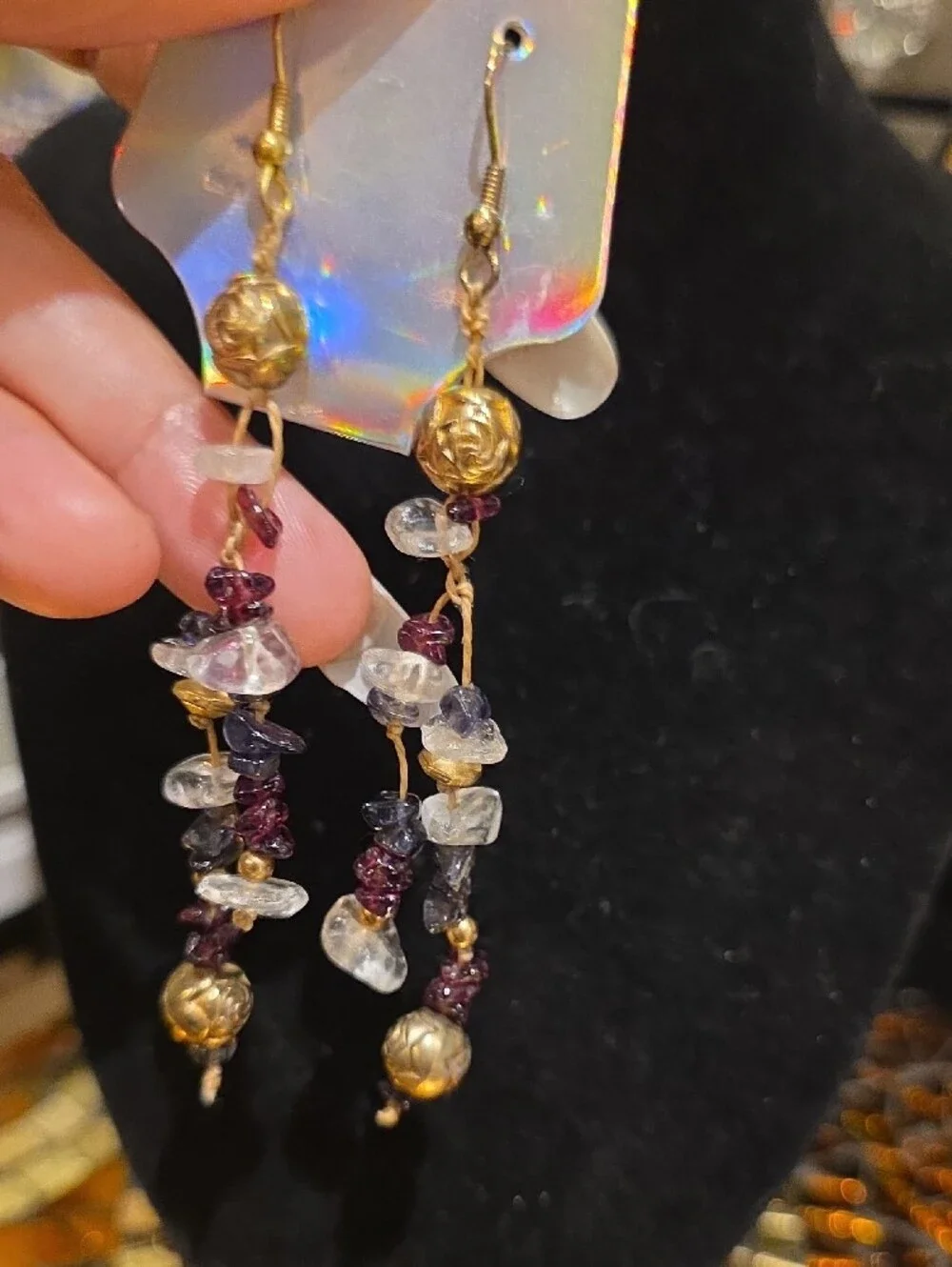 Vintage Gold-Tone Garnet & Clear Crystal Chip Dangle Earrings
